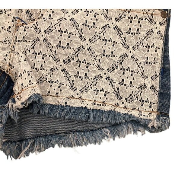 Roxy Denim Shorts Doily Dukes Cut Off White Lace Overlay Stretch Juniors 0/24 - Picture 3 of 7